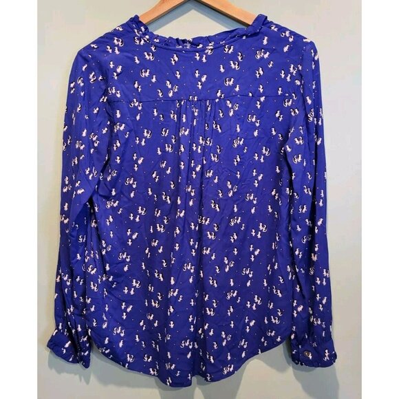 Maeve Anthropologie Blue Penguin Long Sleeve Button Up Top Ruffles Sz 6 Novelty - Picture 4 of 7